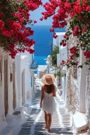 Woman in white dress walking on narrow street with bougainvillea flowersの素材