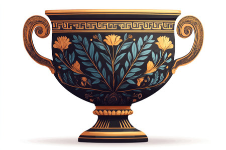 Antique Greek vase with ornate gold handles and floral patterns is standing on a white backgroundの素材