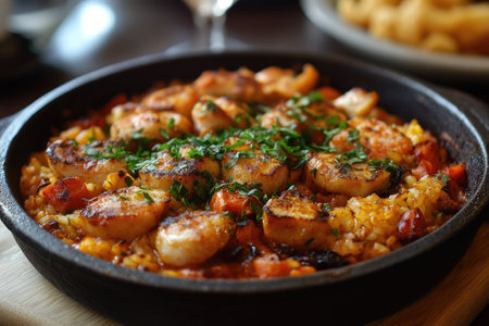 Traditional Spanish seafood paella garnished with parsley is served in a panの素材