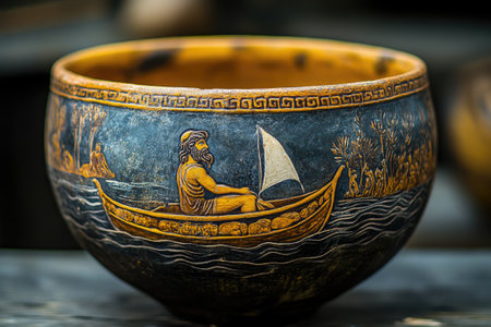 Ancient greek pottery with intricate designs, showcasing a man sailing in a boat, reflecting craftsmanship and artistryの素材