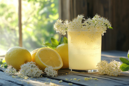 Glass of cold, refreshing lemonade decorated with elderflowers sits on a wooden table with lemonsの素材