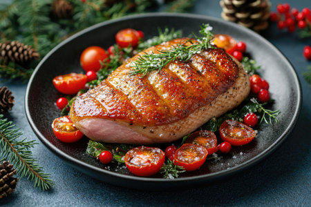 Delicious crispy duck breast with cherry tomatoes and cranberries is lying on a bed of fresh arugulaの素材