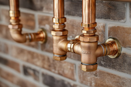 Shiny new copper water pipes and valves being installed on a brick wallの素材