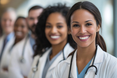 A diverse team of doctors and nurses is smiling at the camera in a hospital hallwayの素材