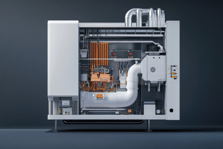 Cutaway of an industrial machine showing the internal copper pipes and wiringの素材