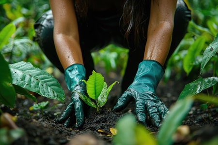 Farmer is planting a small tree on a coffee plantation in Costa Ricaの素材