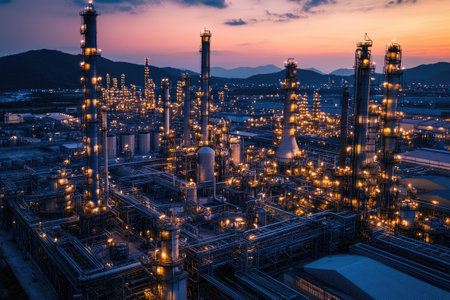 Oil refinery is working at sunset, processing oil and gas for energy productionの素材