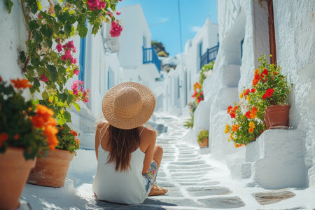 Young woman admiring charming traditional Greek architecture with white houses and colorful flowersの素材