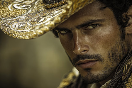 Close-up portrait of a serious handsome bullfighter wearing traditional ornate costume posing before corridaの素材