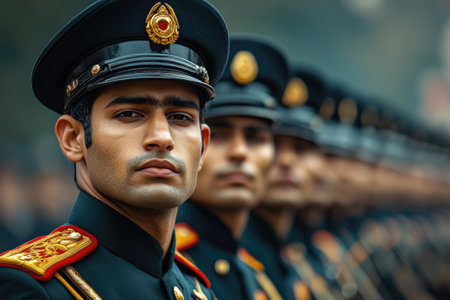 Young military officer standing at attention with his platoon behind himの素材
