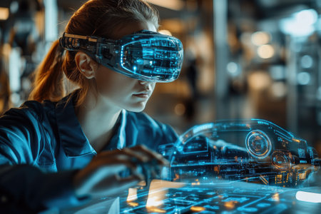 Automotive engineer working with virtual reality designing electric car in augmented reality softwareの素材