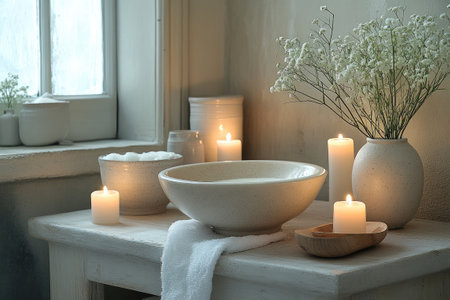 White rustic bathroom vanity with a basin filled with water and surrounded by lit candles creates a relaxing spa-like atmosphereの素材