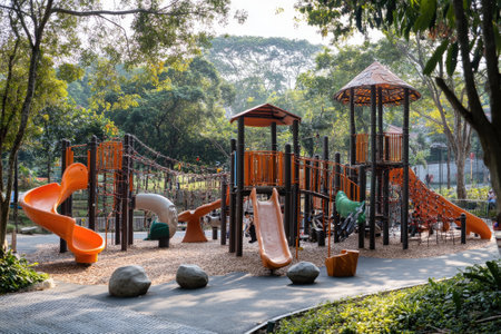 Colorful modern children's playground equipment structure with slides and climbing frames in a public park surrounded by lush greeneryの素材