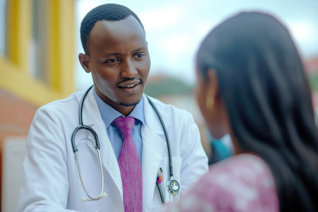 African doctor wearing lab coat and stethoscope speaking with a female patient outside a hospital in Africaの素材