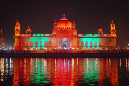 The macca masjid reflecting in the water at night, with colorful lights for a celebrationの素材