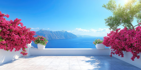 White terrace with blooming bougainvillea overlooking the Aegean sea in Greeceの素材