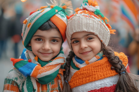 Two young Indian kids are smiling and wearing orange, white and green clothes and hats for republic day or independence dayの素材