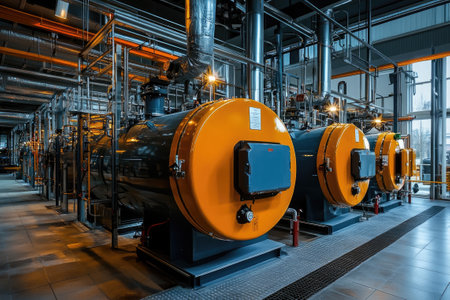Modern industrial boiler room equipped with high-tech boilers generating heat energy for heating and hot water supplyの素材