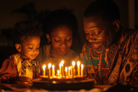 Family is gathered around a birthday cake, illuminated by the warm glow of candlelightの素材