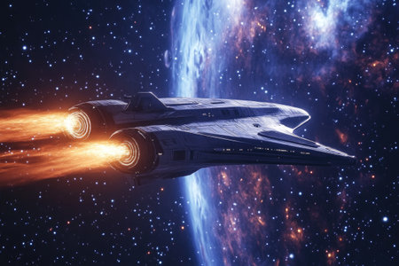 Futuristic spaceship is flying in space near earth, with its engines glowingの素材