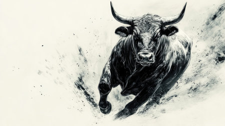 Muscular bull is charging forward kicking up a cloud of dustの素材