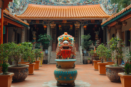 Colorful chinese guardian lion statue is standing guard in a buddhist temple courtyardの素材