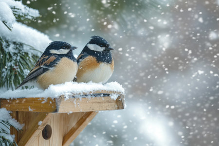 Two birds finding shelter from a blizzard while perching on a wooden birdhouseの素材