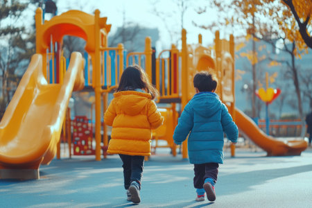 Two children running towards colorful playground equipment on a sunny autumn dayの素材