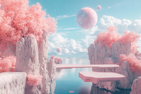 Pink otherworldly landscape with rock formations and water reflecting the sky, featuring a celestial body in the skyの素材