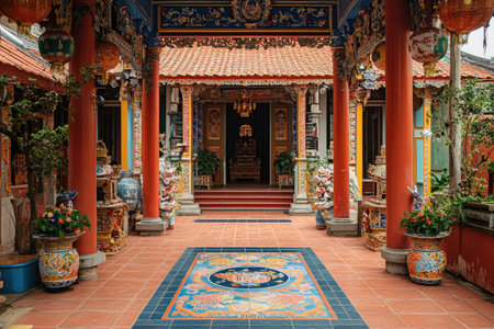 Empty temple with red columns and colorful decorations shows traditional Vietnamese architectureの素材