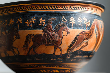 Ancient greek vase painting showing warriors riding horses, a common theme in greek art and mythologyの素材