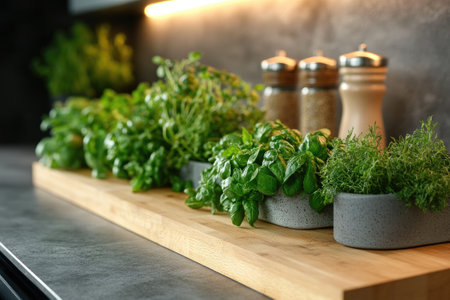 Aromatic herbs growing in pots on a wooden cutting board, adding a touch of freshness to a modern kitchenの素材