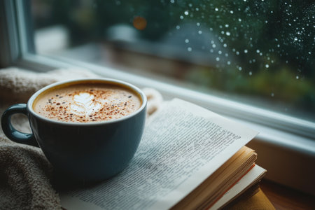 Enjoying a cappuccino and reading a book by the window on a rainy dayの素材