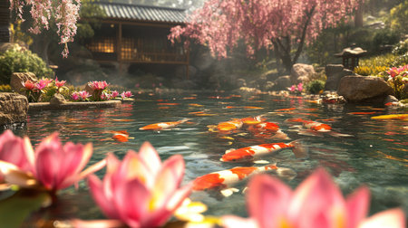 Group of colorful koi fish swimming in a pond with pink water lilies in the foreground and a cherry blossom tree and traditional Japanese building in the backgroundの素材