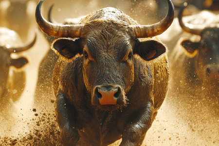 Muscular powerful bull is running in the dust, leading his herdの素材
