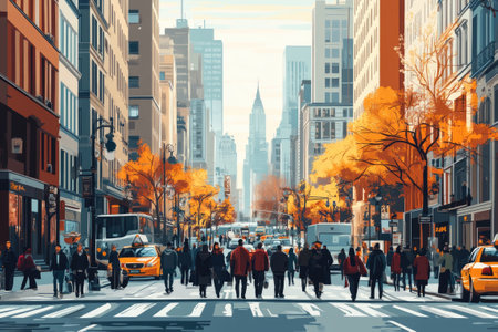 Crowds are walking across a busy street with yellow cabs and the empire state building in the background on a beautiful autumn dayの素材