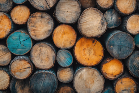 Pile of sawn logs forming an interesting background with colorful wood ringsの素材