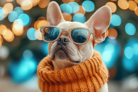 French bulldog wearing sparkly sunglasses and orange knitted scarf with holiday bokeh lights in the backgroundの素材