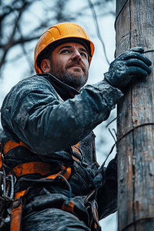 Electrical worker repairing power lines during winter, climbing a wooden utility poleの素材