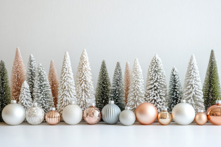 Miniature Christmas trees and colorful ornaments arranged on a white surface, evoking a festive winter wonderland atmosphereの素材
