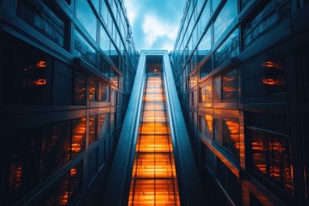 Orange escalator illuminated at dusk, connecting two modern glass buildings with a dramatic skyの素材