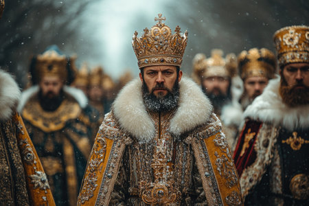 Kings wearing golden crowns and fur cloaks are walking in snowfallの素材