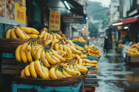 Ripe yellow bananas for sale at a bustling outdoor market in Asia, offering a vibrant display of tropical fruitの素材
