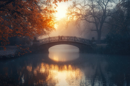 Scenic view of a tranquil river with a stone bridge at sunrise on a foggy autumn morning, creating a serene and picturesque atmosphereの素材