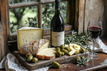Bottle and glass of red wine served with cheese, bread and olives on a wooden board near a windowの素材