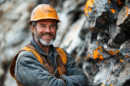 Portrait of a happy miner smiling wearing an orange helmet in a quarryの素材