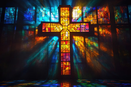 Sun rays shining through stained glass cross in church creating colorful reflections on the floorの素材
