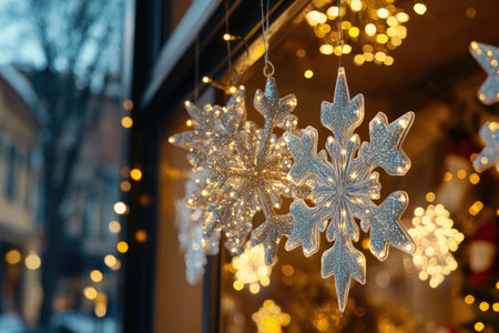 Silver glitter snowflakes with built-in lights hanging in a shop window, creating a festive Christmas atmosphereの素材