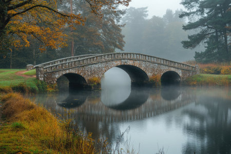 Serene landscape featuring a stone bridge reflected in calm water on a foggy autumn morning, surrounded by colorful foliageの素材
