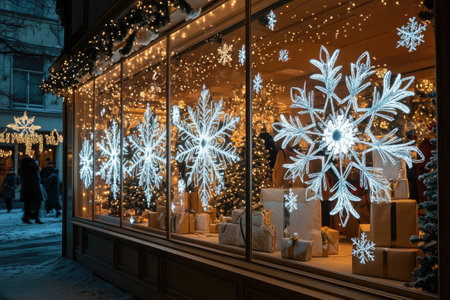 Beautiful, glowing snowflakes hanging in a shop window, adding to the festive Christmas atmosphereの素材